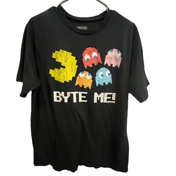 Pac Man Byte Me Black Retro Black Short Sleeve Graphic Tee TShirt Mens Large - Picture 1 of 3